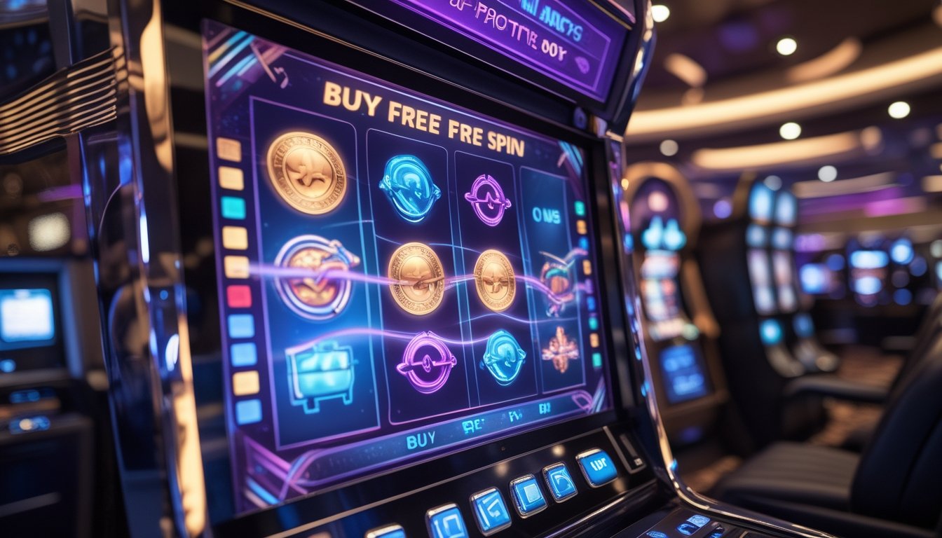 Mesin slot digital dengan banyak jalur pembayaran dan tampilan bonus putaran gratis di ruang permainan modern.