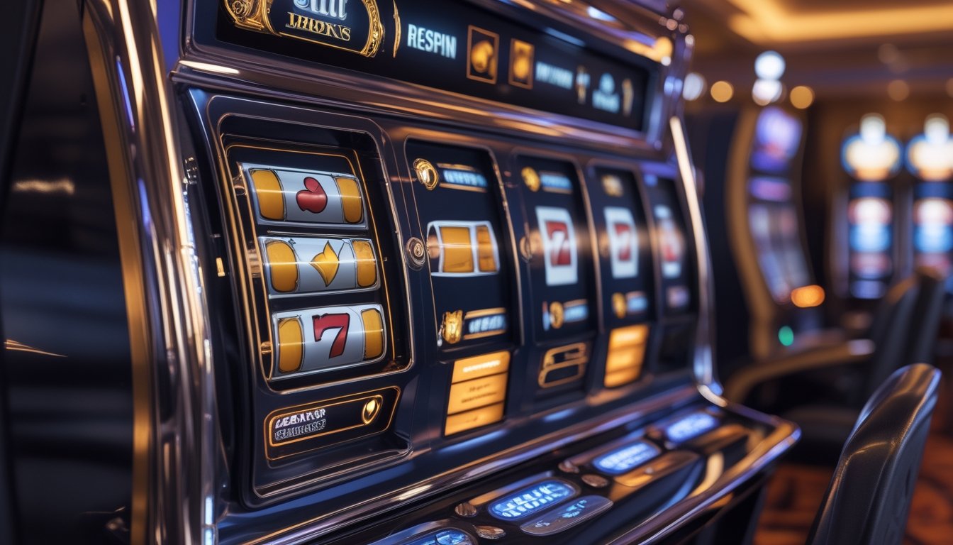 Mesin slot modern dengan gulungan simbol klasik bercahaya di lingkungan kasino yang elegan.