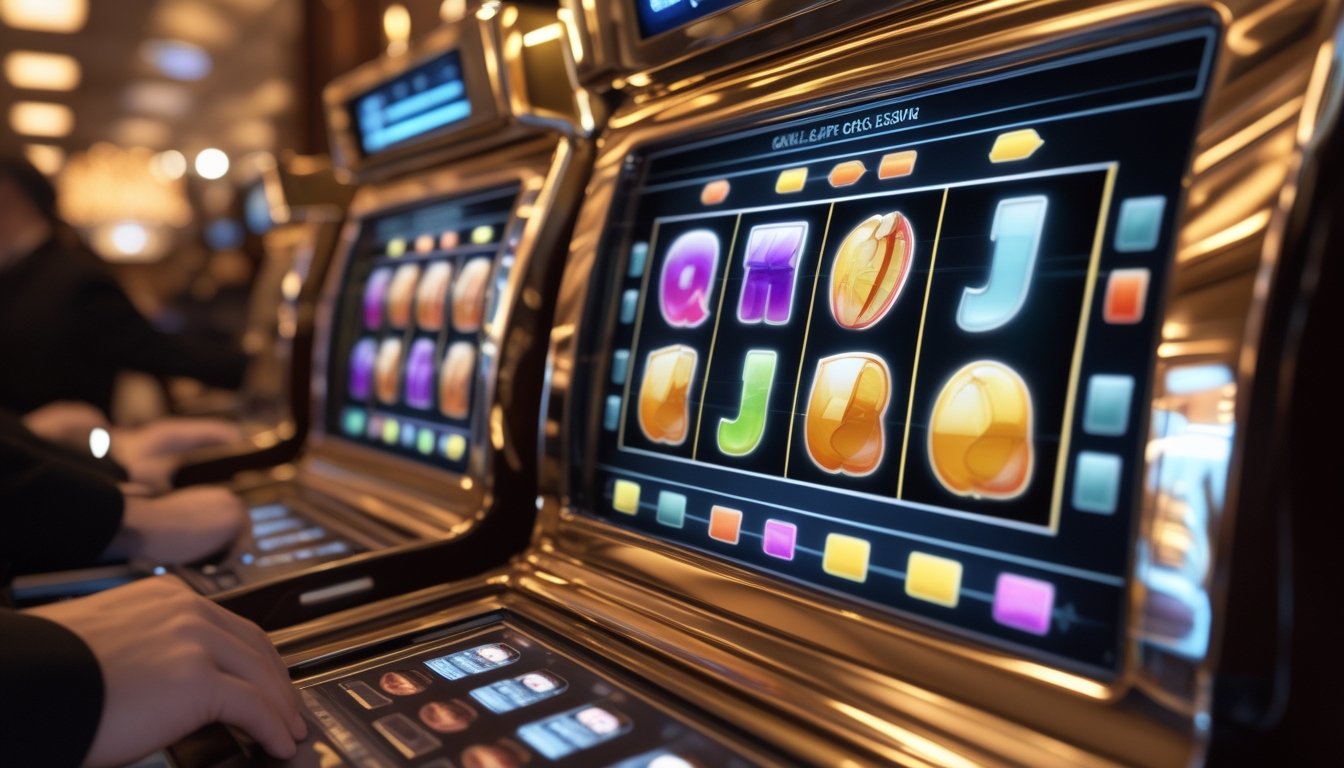 Mesin slot klasik modern dengan beberapa garis pembayaran bercahaya dan fitur respin yang sedang disorot di ruang kasino elegan.