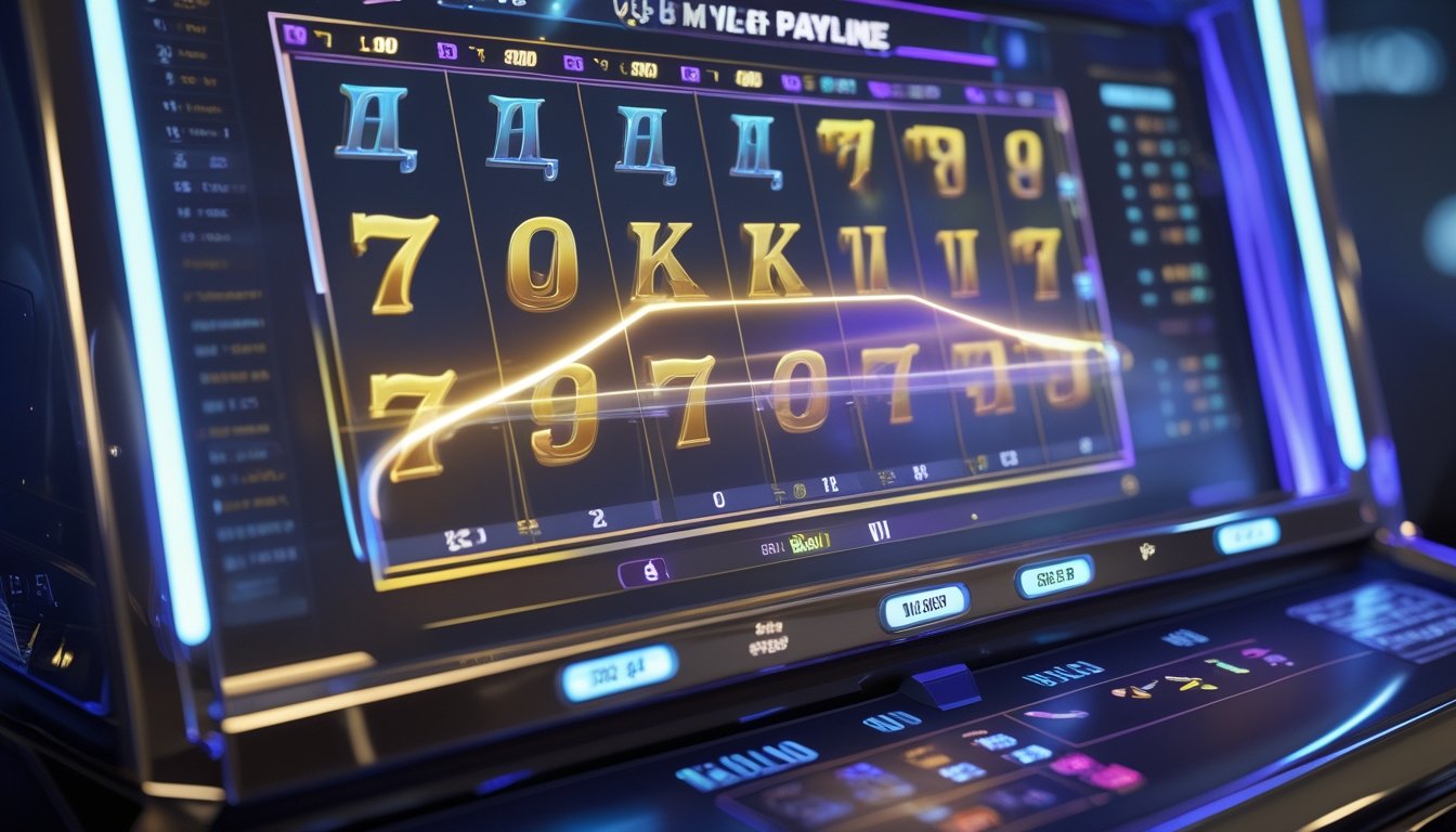 Mesin slot digital modern dengan beberapa garis pembayaran bercahaya dan visualisasi data holografis.
