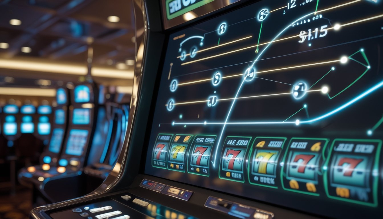 Mesin slot digital modern dengan beberapa garis pembayaran dan visualisasi pengali kemenangan bercahaya.