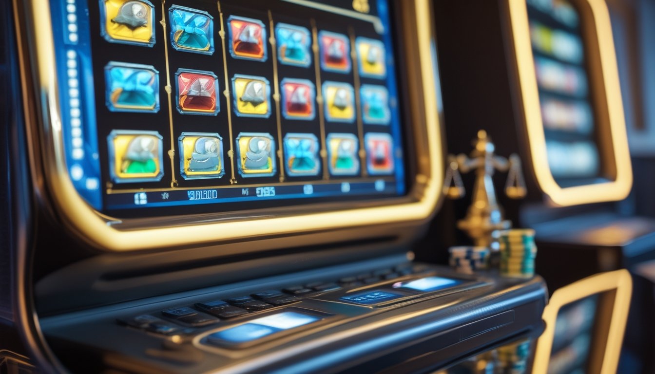 Mesin slot modern dengan beberapa garis pembayaran menyala, ditemani tumpukan kecil chip dan koin dalam suasana kasino yang tenang.