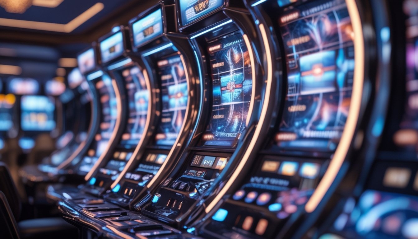 Mesin slot digital futuristis dengan grafis bercahaya dan gelombang suara imersif di lingkungan kasino modern.
