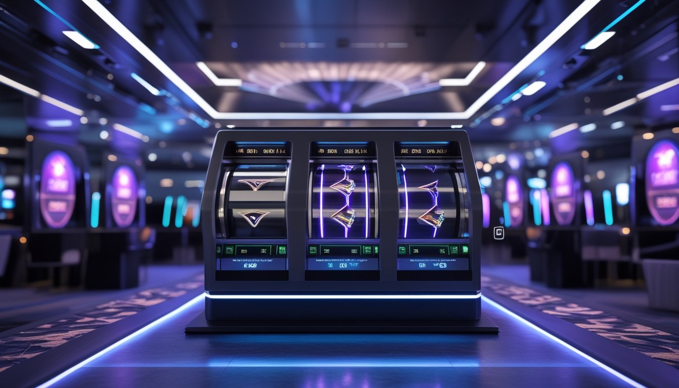 Mesin slot futuristik dengan gulungan bercahaya dan efek gelombang suara di lingkungan kasino modern.