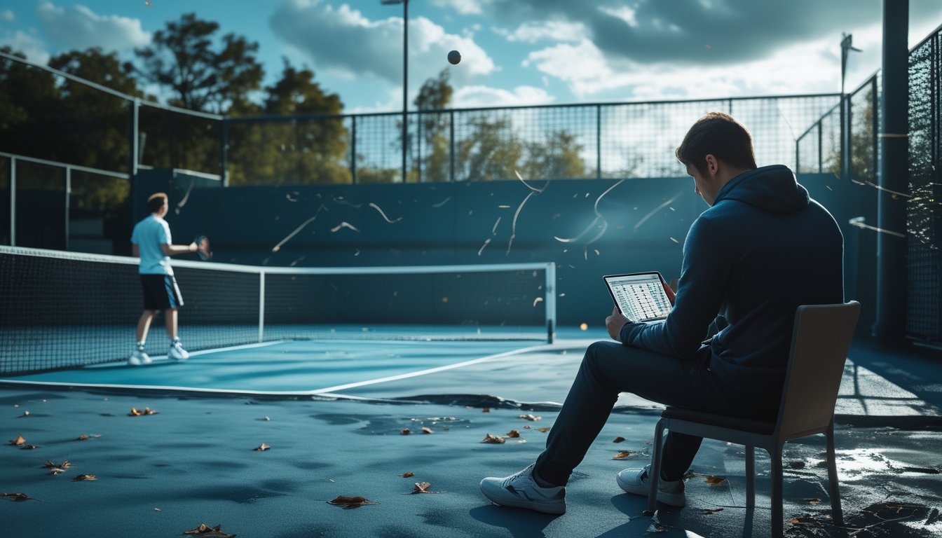 Pertandingan tenis luar ruangan berlangsung dalam kondisi berangin dan cuaca yang berubah, sementara seorang analis mengamati statistik di tepi lapangan.