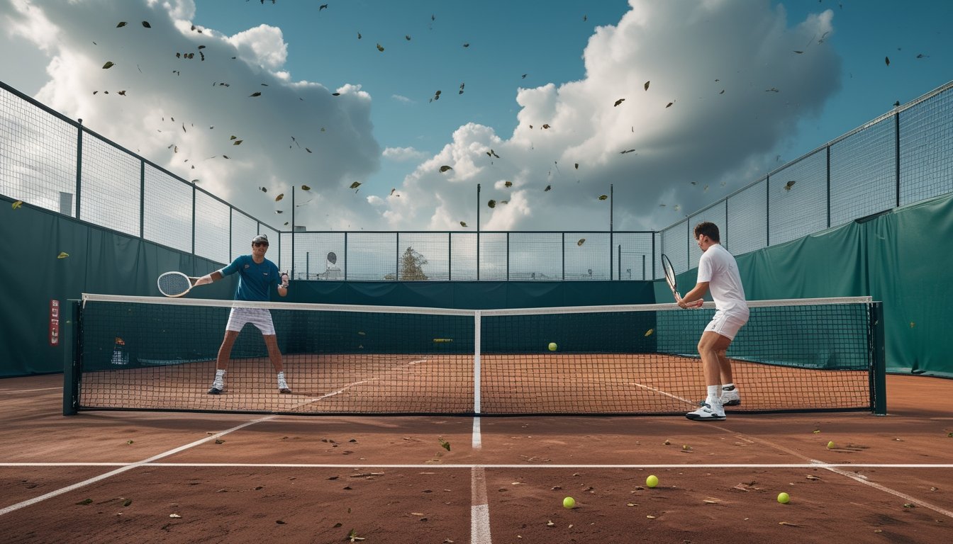 Dua pemain tenis bertanding di lapangan terbuka dalam kondisi berangin dan mendung.