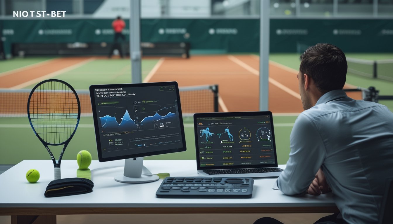 Seorang analis memeriksa perbandingan statistik dua pemain tenis di meja kerja dengan raket dan bola tenis.