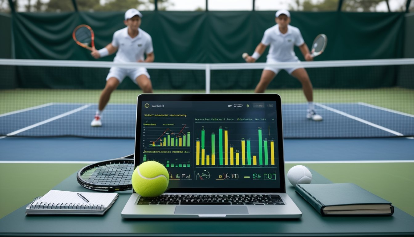Meja analisis dengan laptop berisi grafik abstrak, perlengkapan tenis, dan dua pemain yang bertanding di lapangan.