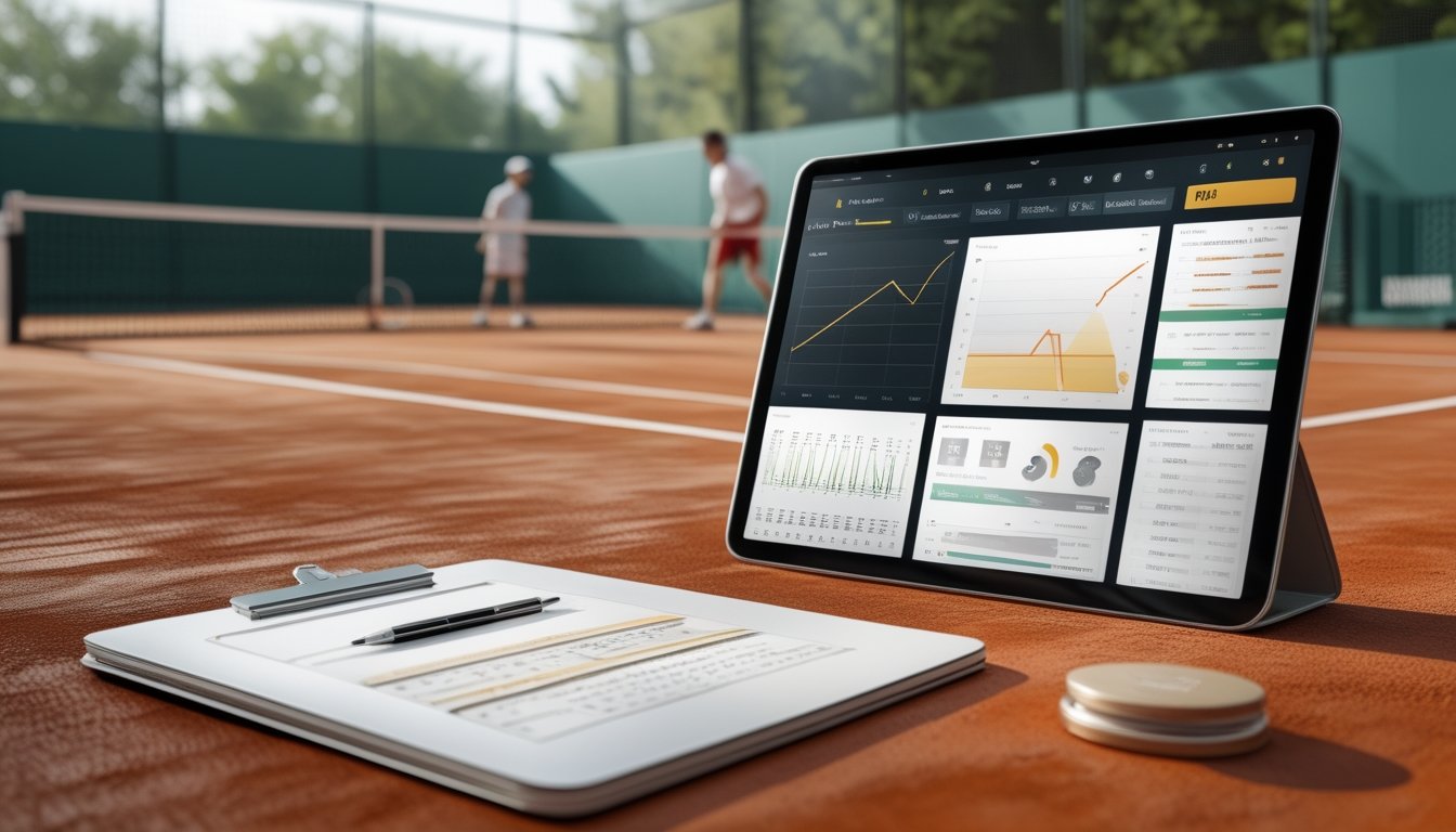 Pemain tenis bertanding di lapangan tanah liat merah dengan perangkat analisis statistik di sisi lapangan.