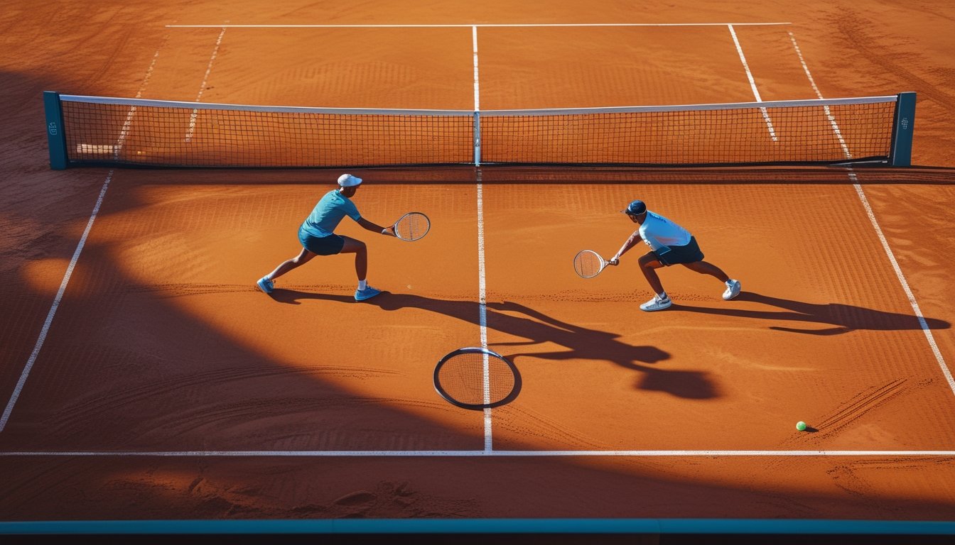 Dua pemain tenis bertanding di lapangan tanah liat, dengan satu pemain melakukan pukulan sambil meluncur dan seorang pengamat membawa tablet di sisi lapangan.