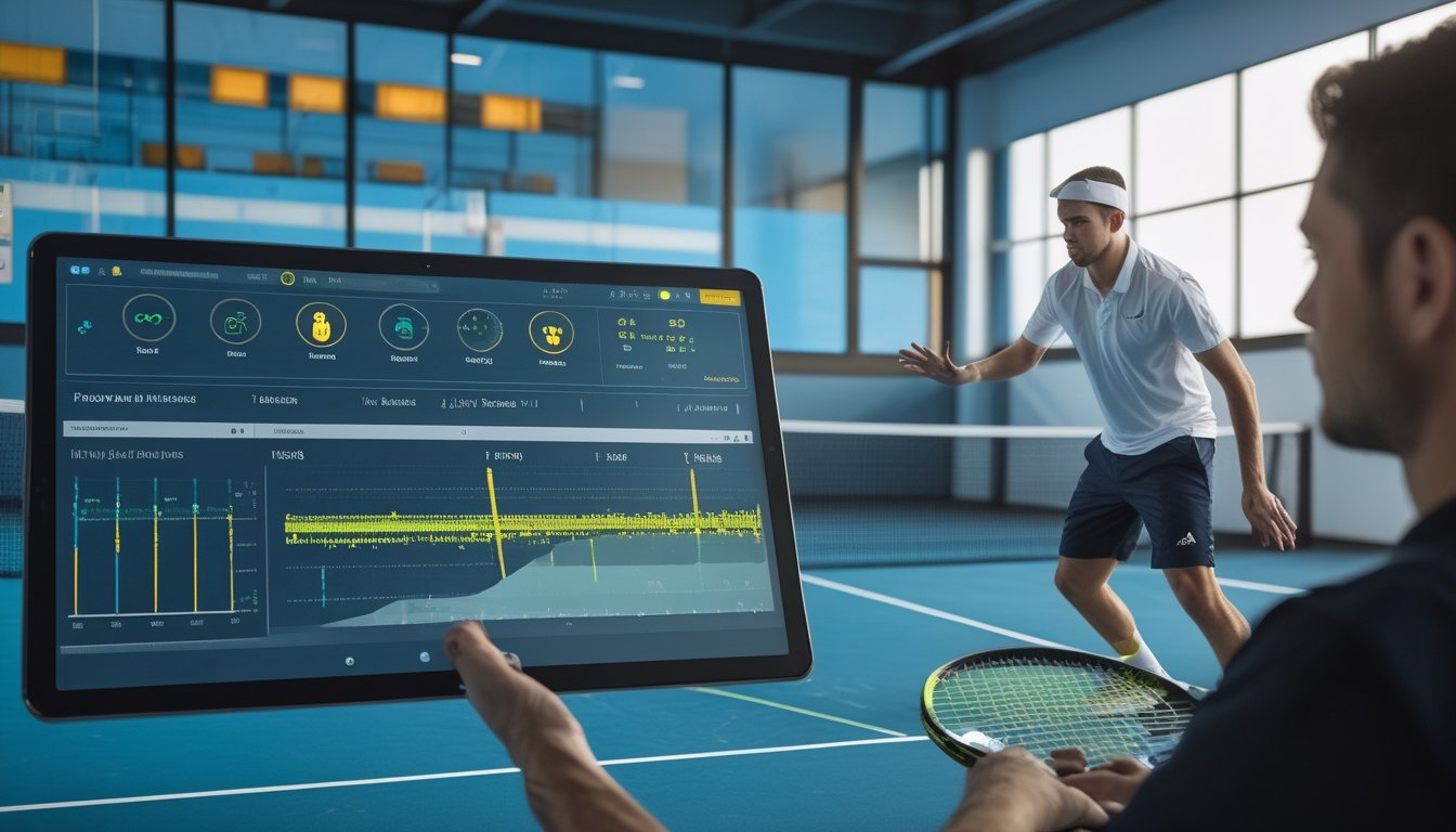 Analis olahraga dan pelatih meninjau data cedera pemain tenis di dekat lapangan, sementara seorang pemain melakukan gerakan terkontrol.