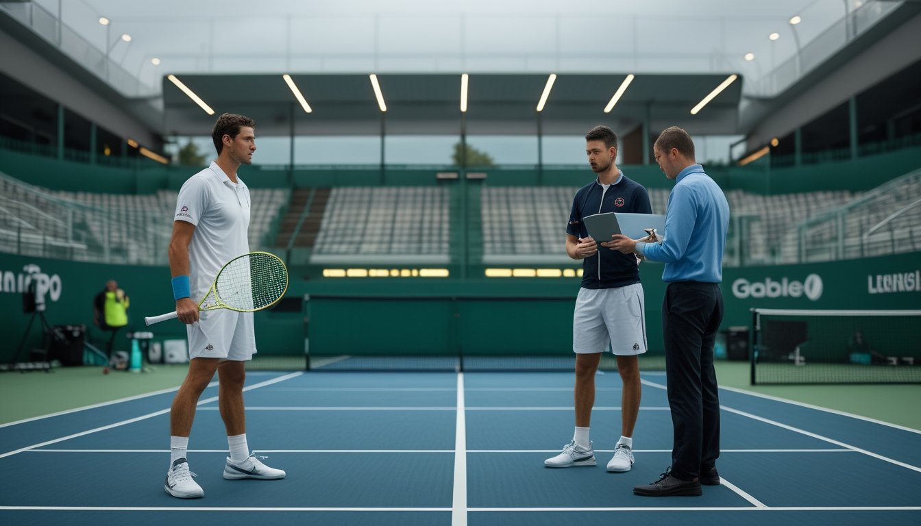 Pemain tenis dan ofisial berada di lapangan setelah perubahan jadwal pertandingan.