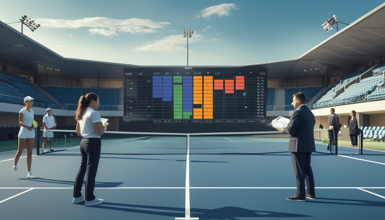 Pemain tenis dan petugas turnamen meninjau perubahan jadwal pertandingan di dekat lapangan, sementara seorang analis memeriksa data pada tablet.