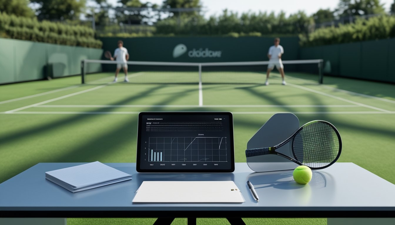 Dua pemain tenis bertanding di lapangan rumput dengan perlengkapan analisis di meja depan.