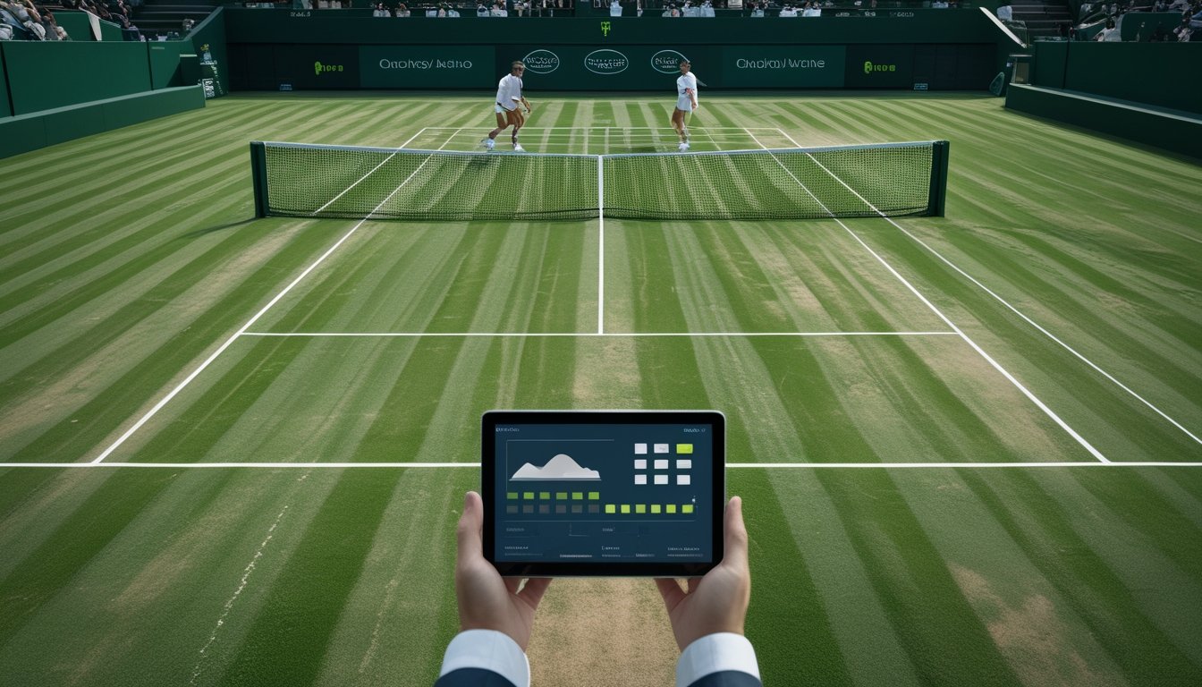 Dua pemain tenis bertanding di lapangan rumput, sementara seorang analis mengamati tablet dari sisi lapangan.