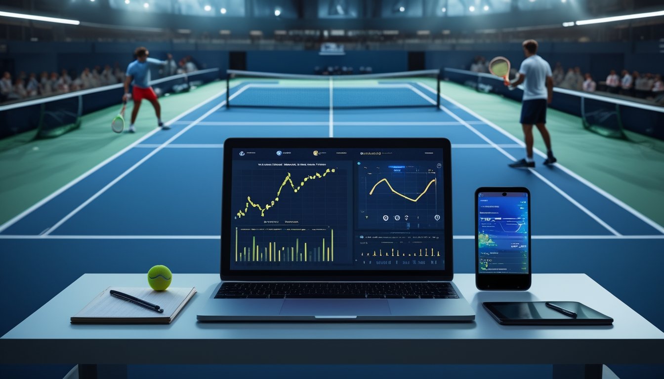 Pemain tenis bertanding dalam situasi tie-break dengan perangkat yang menampilkan analisis pertandingan.
