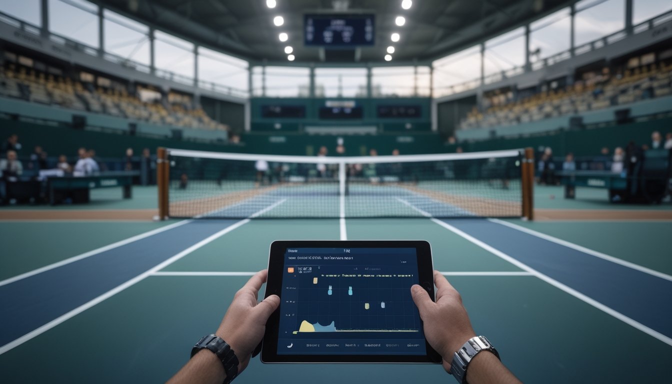 Pemain tenis bertanding dalam set penentuan sementara seorang pengamat menganalisis statistik pertandingan melalui tablet.