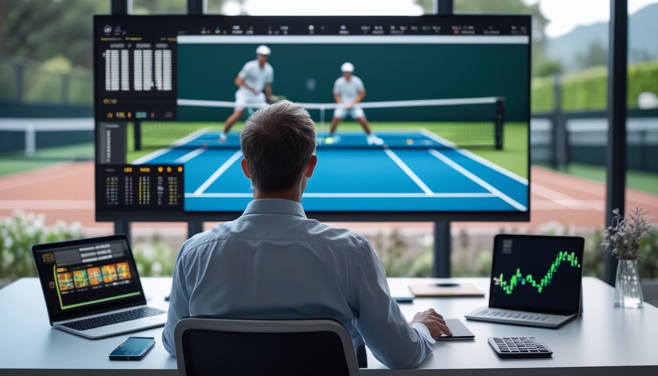 Seorang analis mempelajari data pertandingan tenis di meja kerja dengan layar yang menampilkan grafik statistik abstrak.