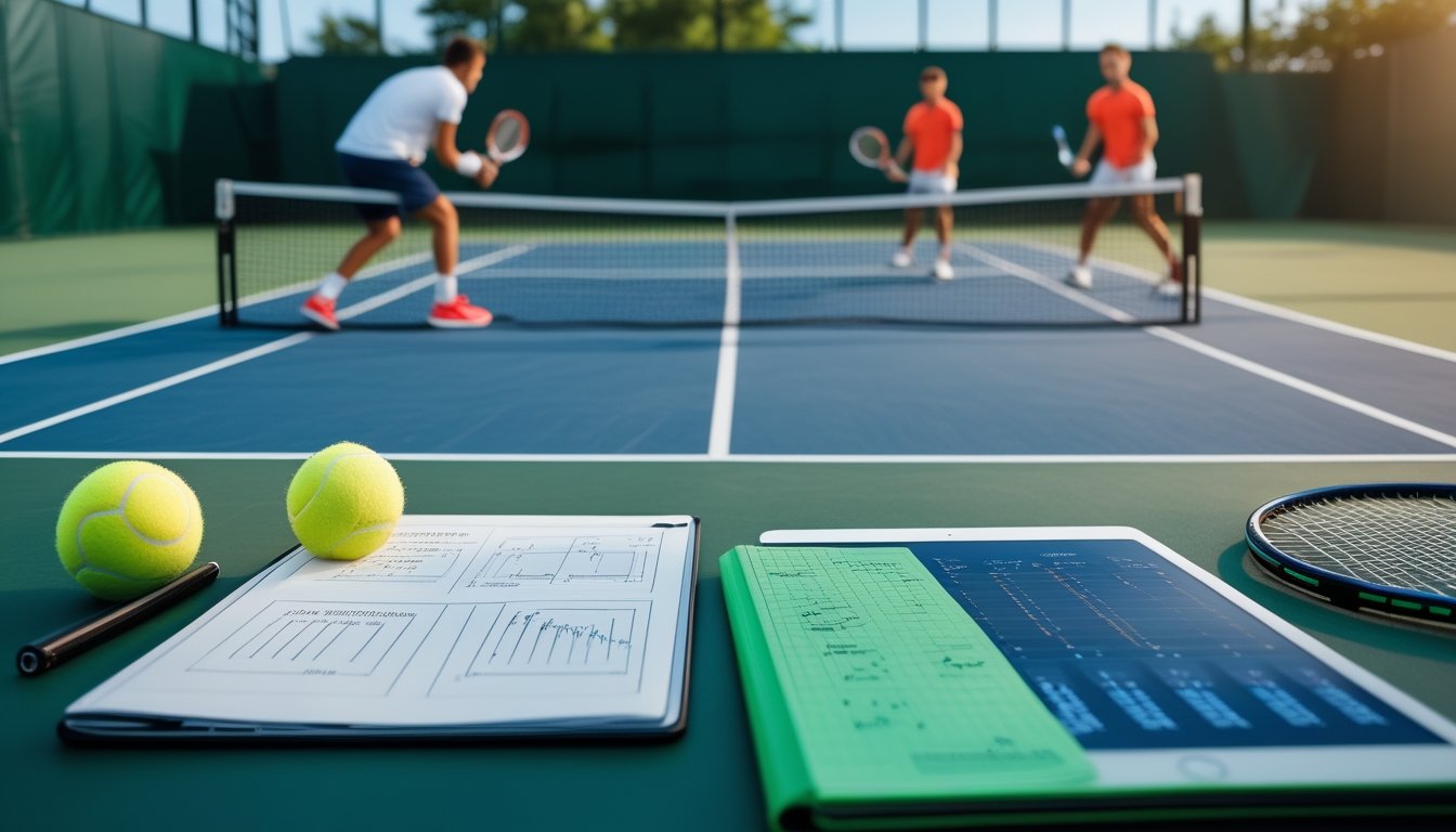 Dua pemain tenis bertanding di lapangan, dengan raket, tablet grafik, dan catatan analisis di meja sisi lapangan.
