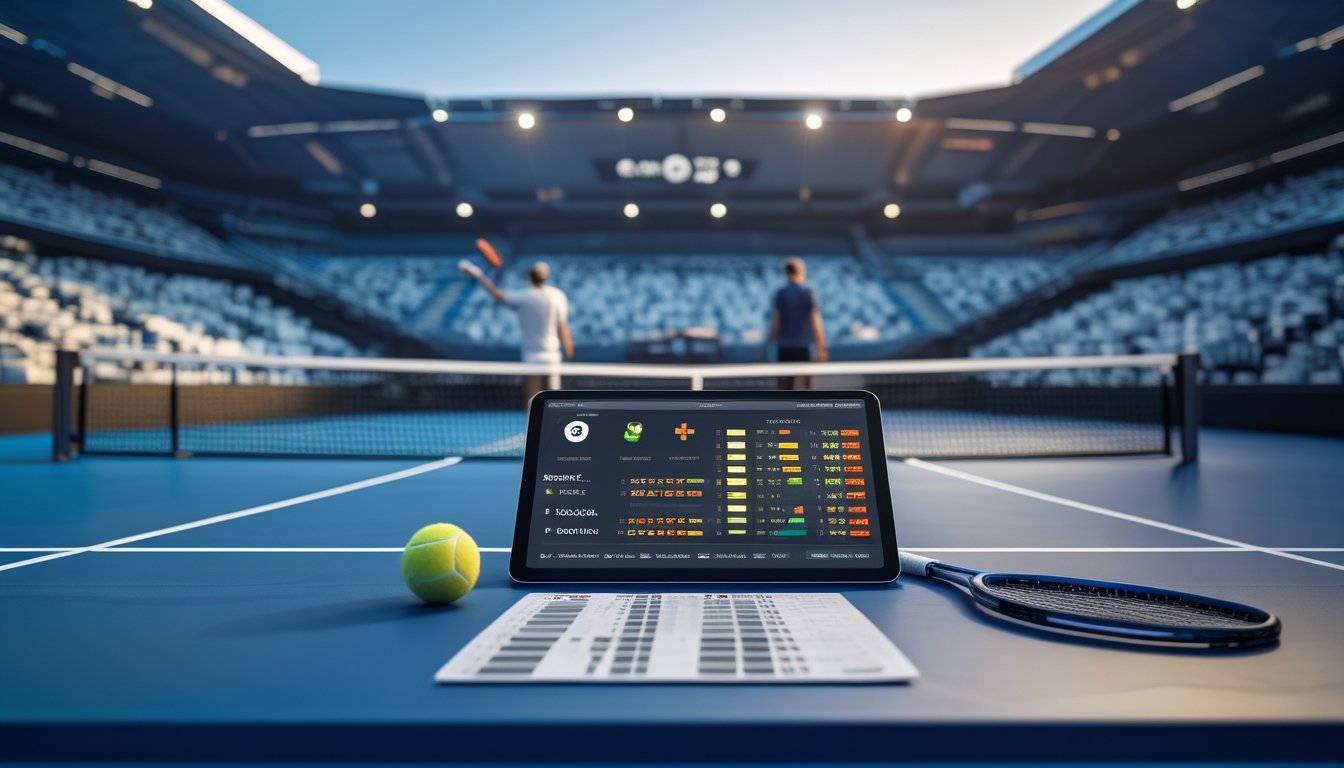 Suasana stadion tenis dengan raket, bola, dan perangkat analisis di dekat lapangan.