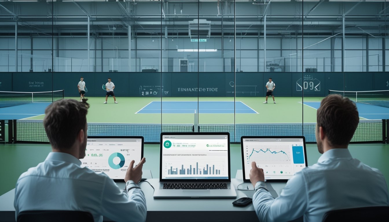 Analis olahraga membandingkan data performa dua pemain tenis di dekat lapangan.