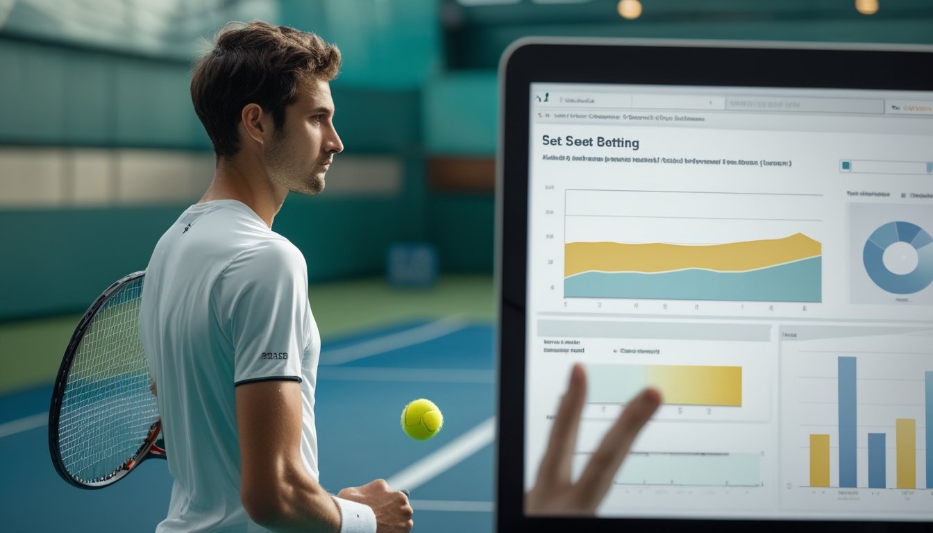 Pemain tenis profesional berdiskusi dengan analis di sisi lapangan sambil meninjau performanya.
