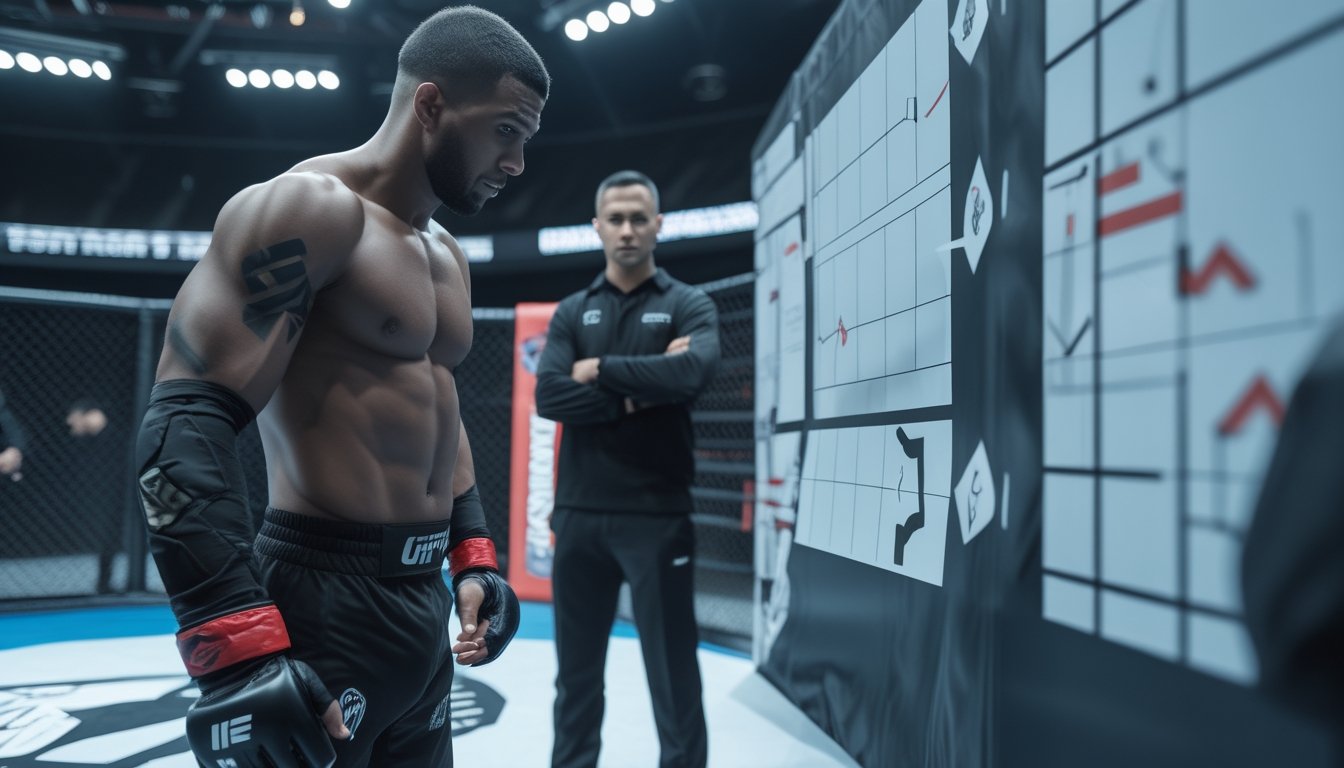 Petarung MMA underdog menganalisis strategi kemenangan bersama pelatih di dalam arena.