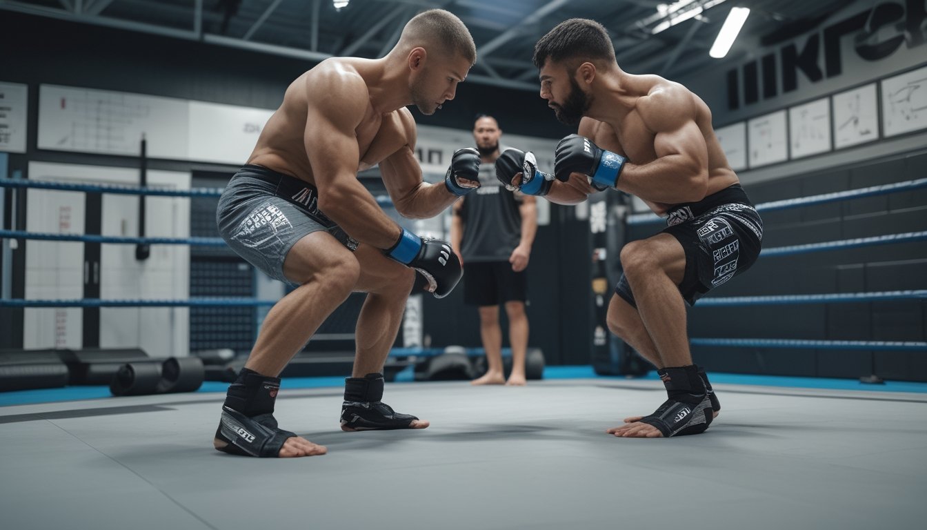 Dua petarung MMA berlatih dengan pengawasan pelatih di dalam sasana.
