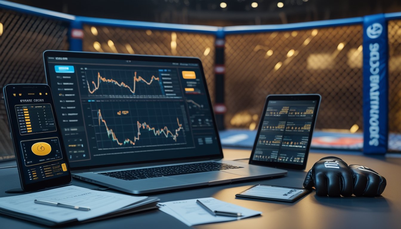 Meja analisis dengan laptop, tablet, dan ponsel yang menampilkan grafik taruhan abstrak, disertai sarung tangan MMA dan arena oktagon di latar belakang.