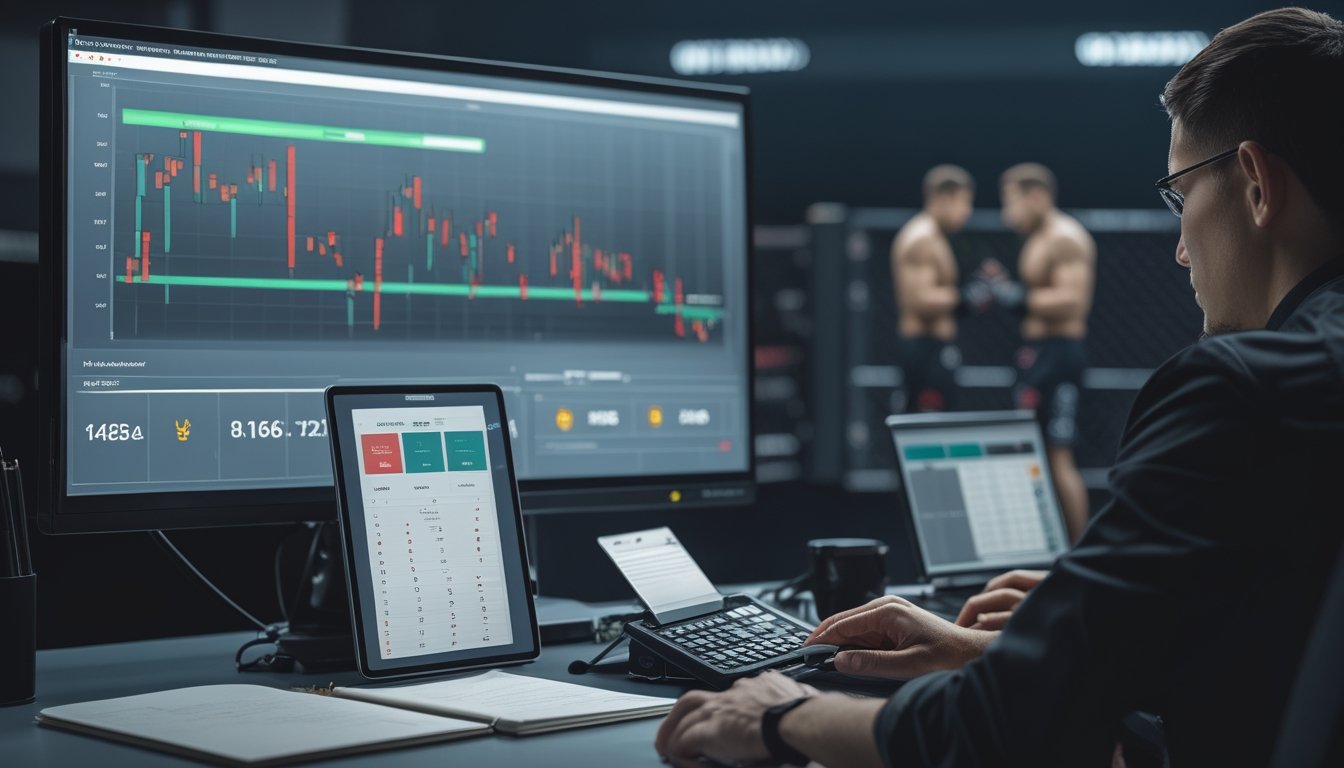 Meja analisis dengan grafik pergerakan odds dan suasana arena pertarungan UFC di latar belakang.