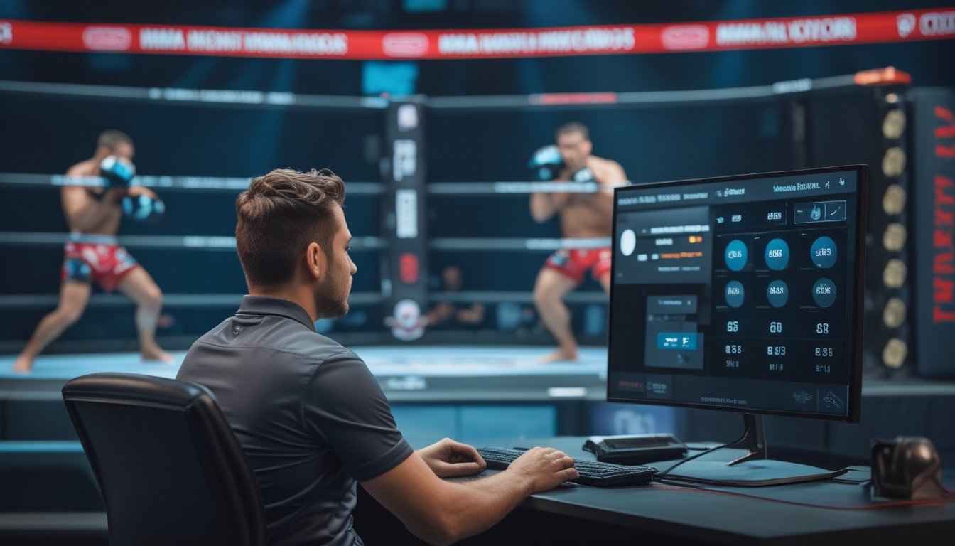Analis olahraga menganalisis data pertandingan MMA di depan layar, dengan dua petarung berlatih di dalam oktagon pada latar belakang.
