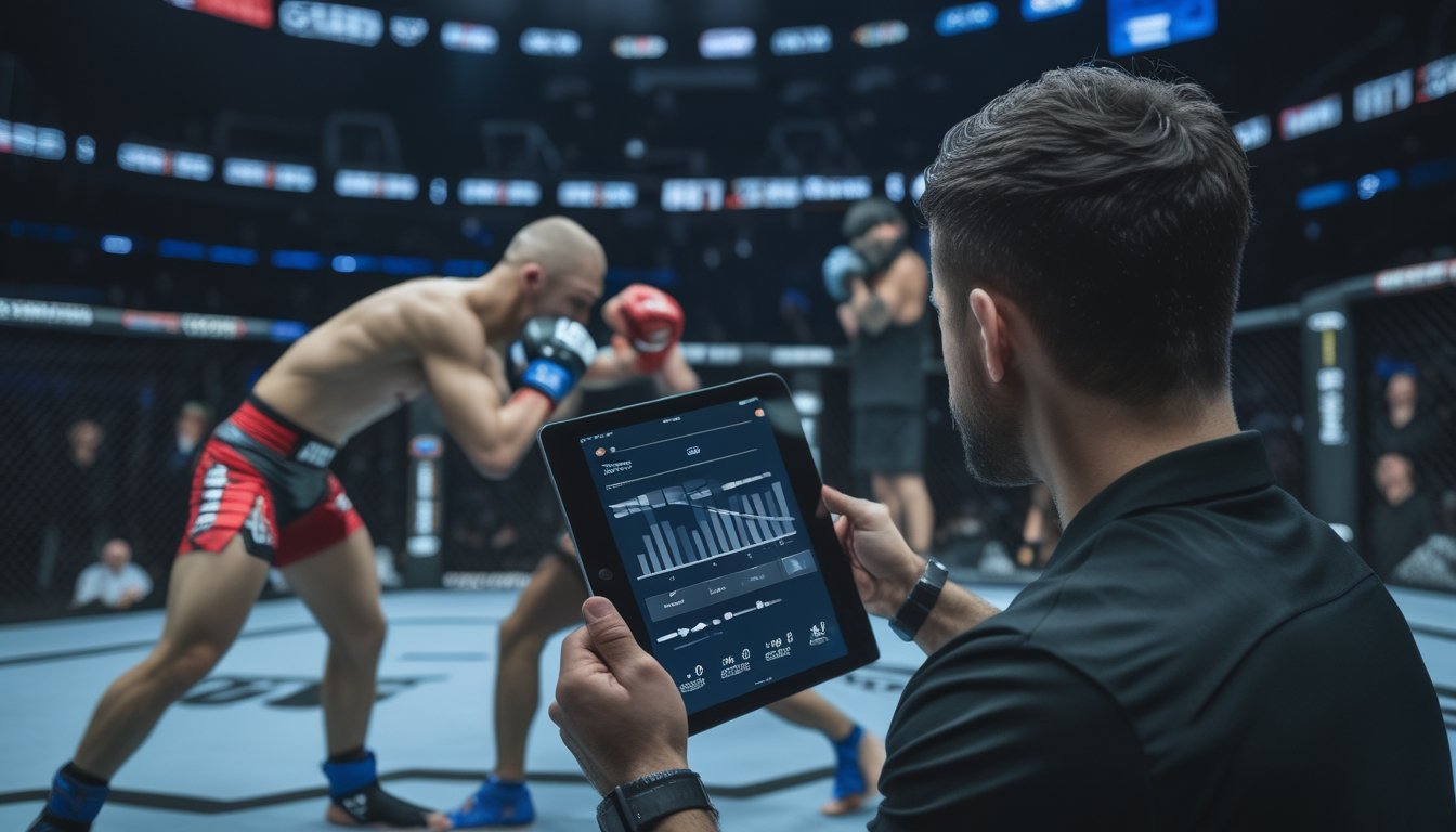 Seorang analis mengamati pertandingan MMA di dalam oktagon sambil melihat data pertandingan pada tablet.