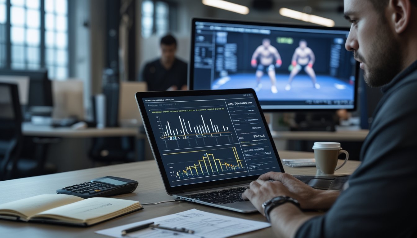 Analis olahraga mempelajari grafik statistik MMA di ruang kerja dengan latar belakang oktagon dan latihan petarung.