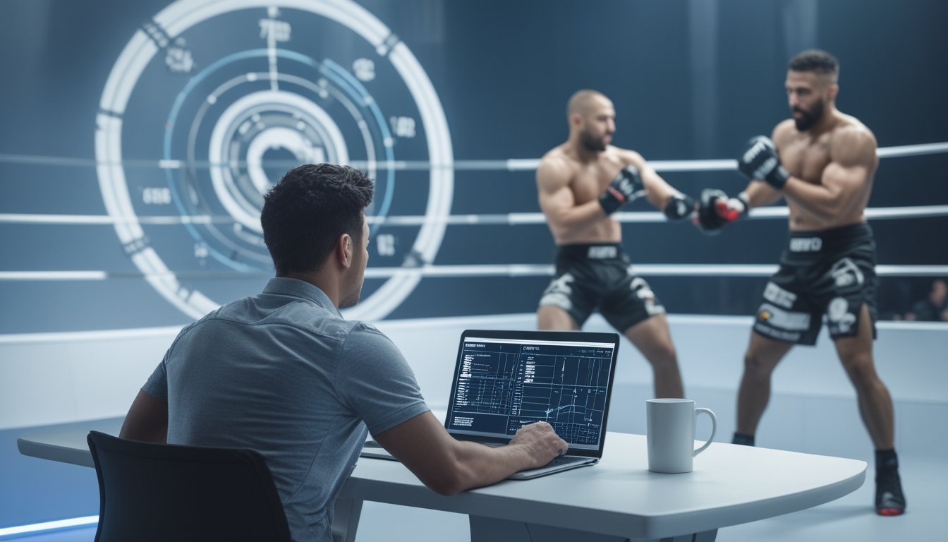 Analis olahraga memeriksa data performa pukulan MMA di laptop, dengan dua petarung berlatih di dalam arena pada latar belakang.