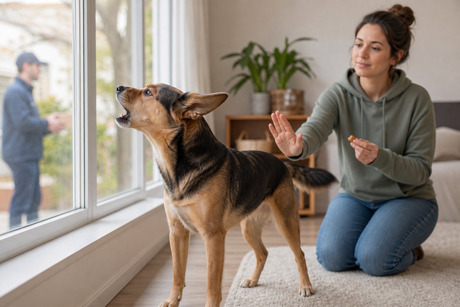 A dog barks near a window while its owner calmly trains it with a treat.