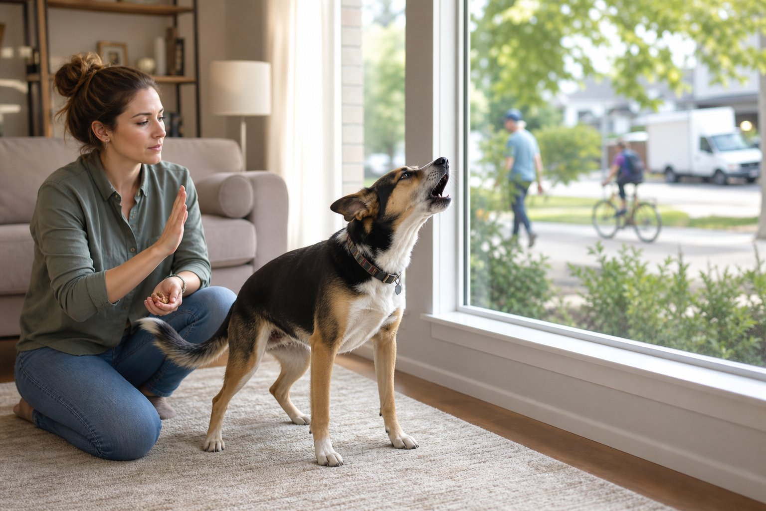 A dog barks by a window while its owner calmly offers treats during training.