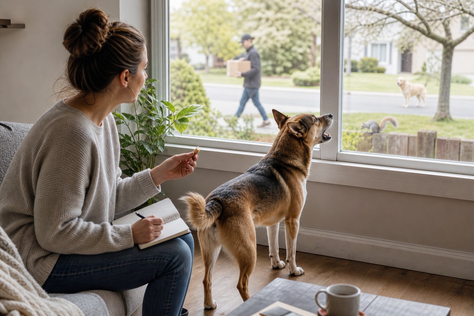 A dog barks by a window while its owner observes nearby.