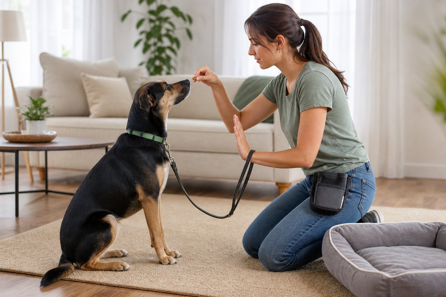 A dog owner calmly trains an attentive dog with a treat in a bright living room.