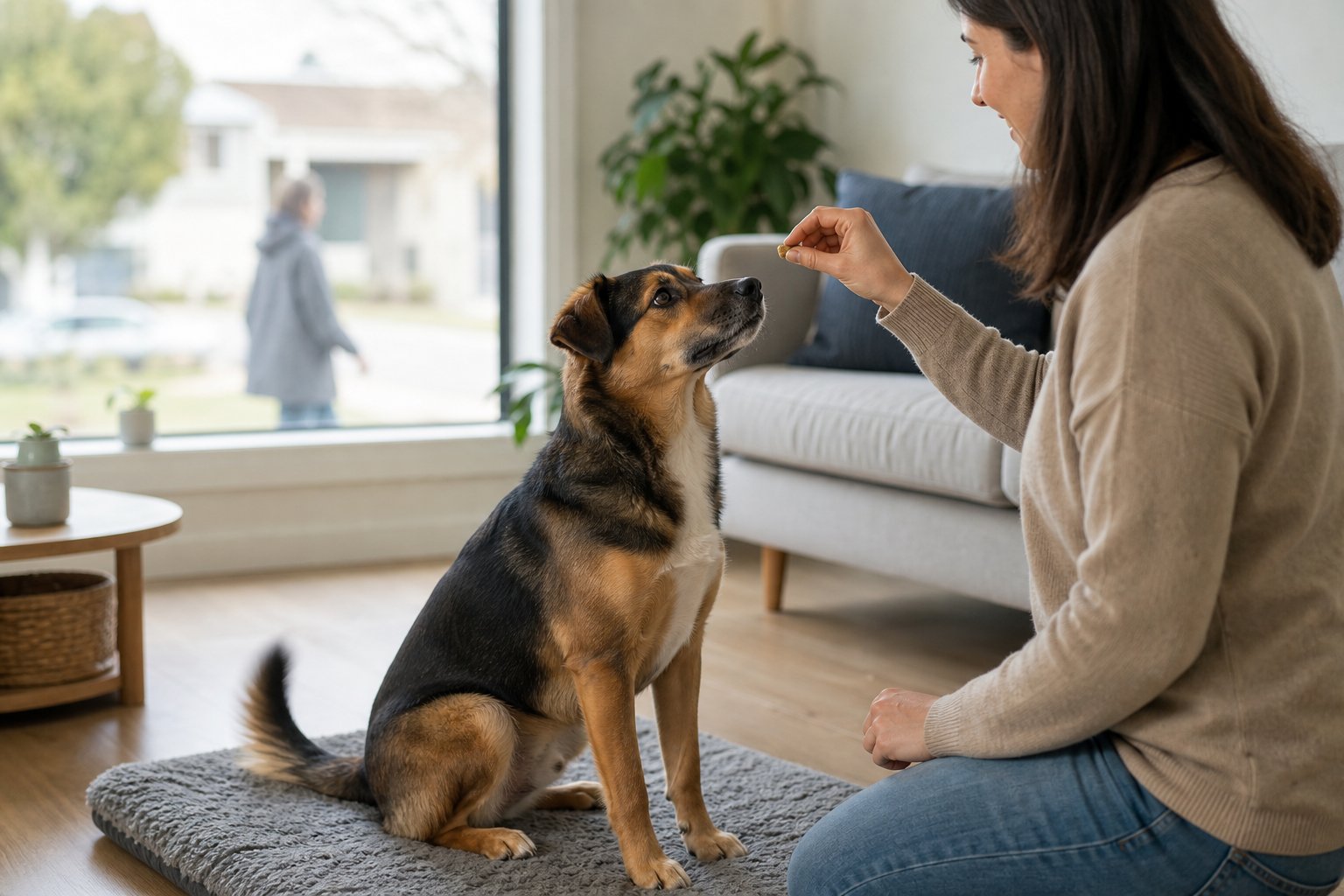 A calm dog sits on a mat and looks at its handler while receiving a treat.