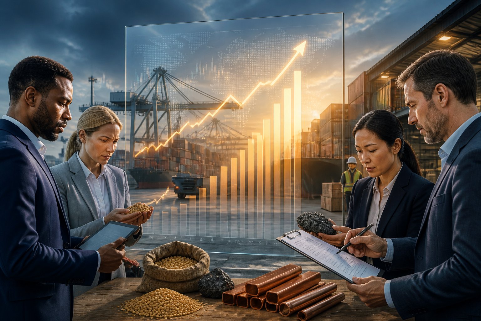 Business professionals analyze rising market prices while cargo containers and supply activity appear in the background.