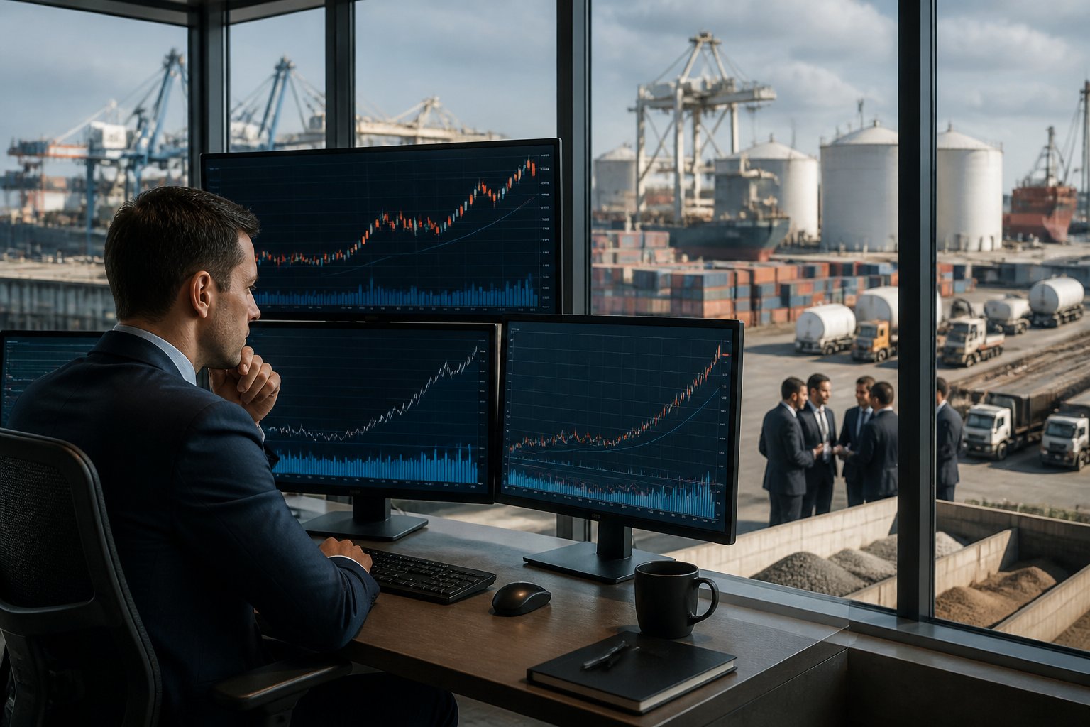 A market analyst studies rising price charts while an active cargo port and limited inventory appear in the background.