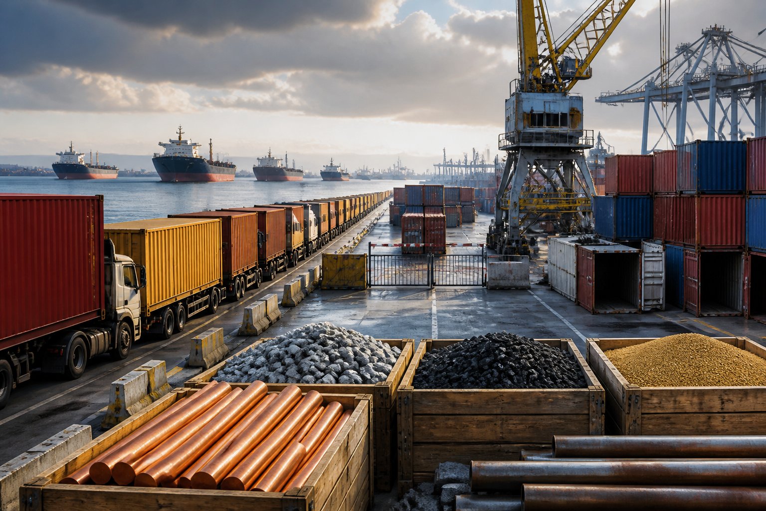A congested port with delayed cargo ships, sparse containers, and limited goods moving through the supply chain.
