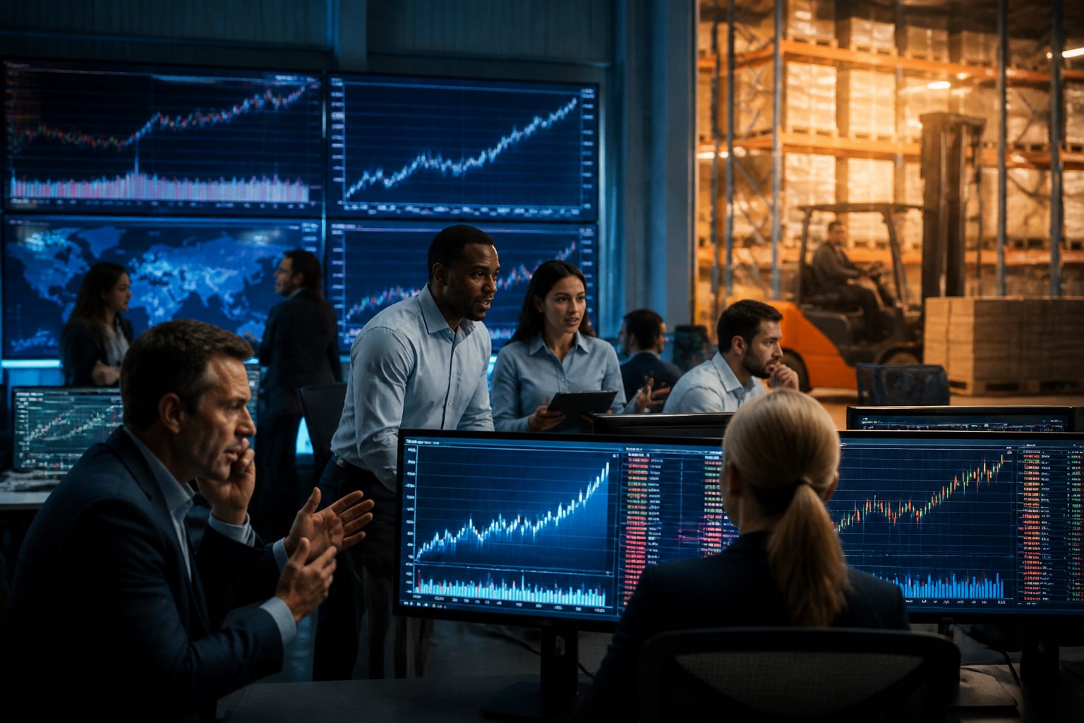 Market professionals monitor strong buying activity while limited inventory moves through a busy warehouse.