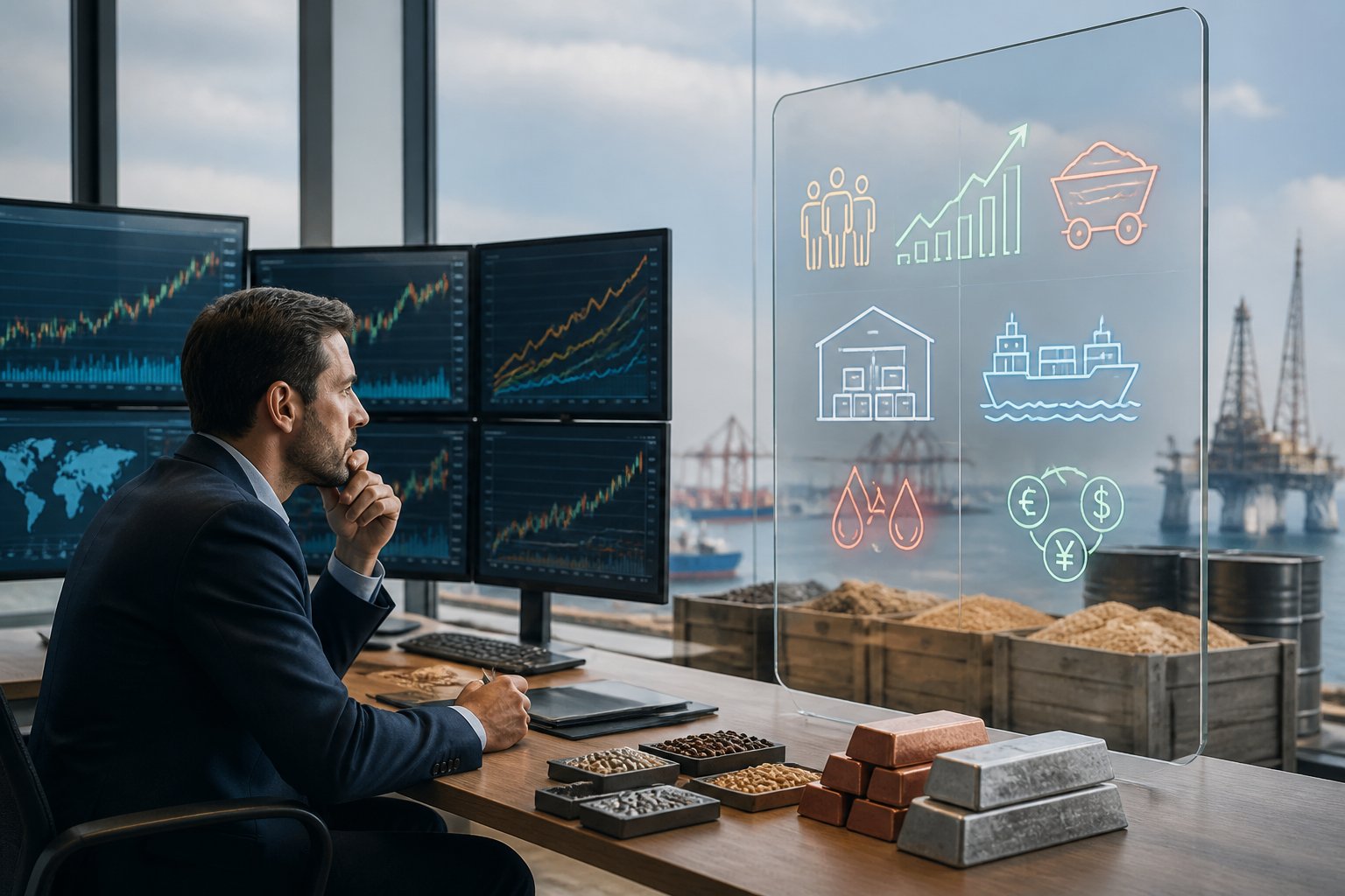 A market analyst studies rising price indicators beside physical commodity samples in a modern trading office.
