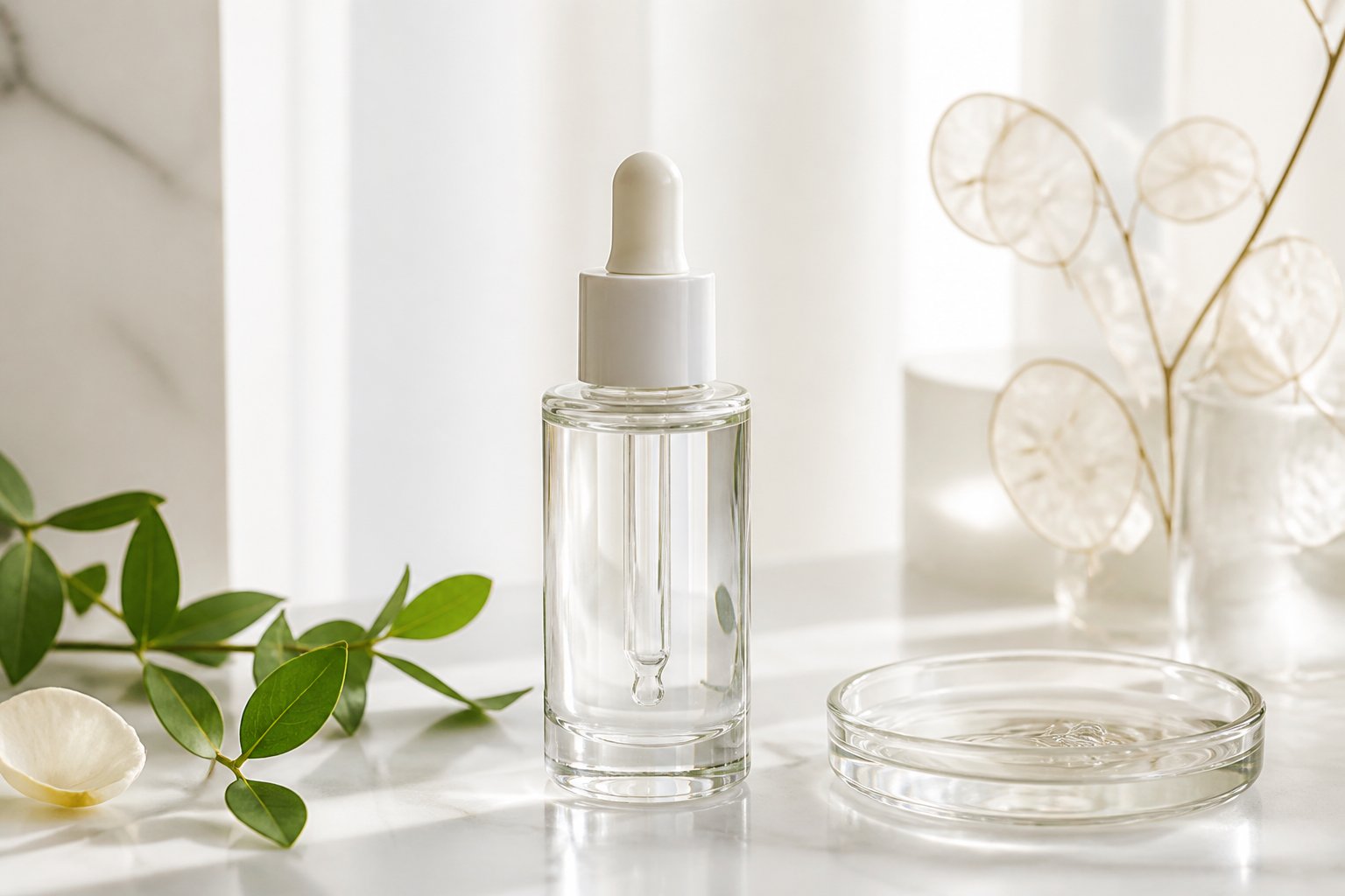 A clear serum bottle with a dropper on a minimalist vanity beside green leaves and a small glass dish.