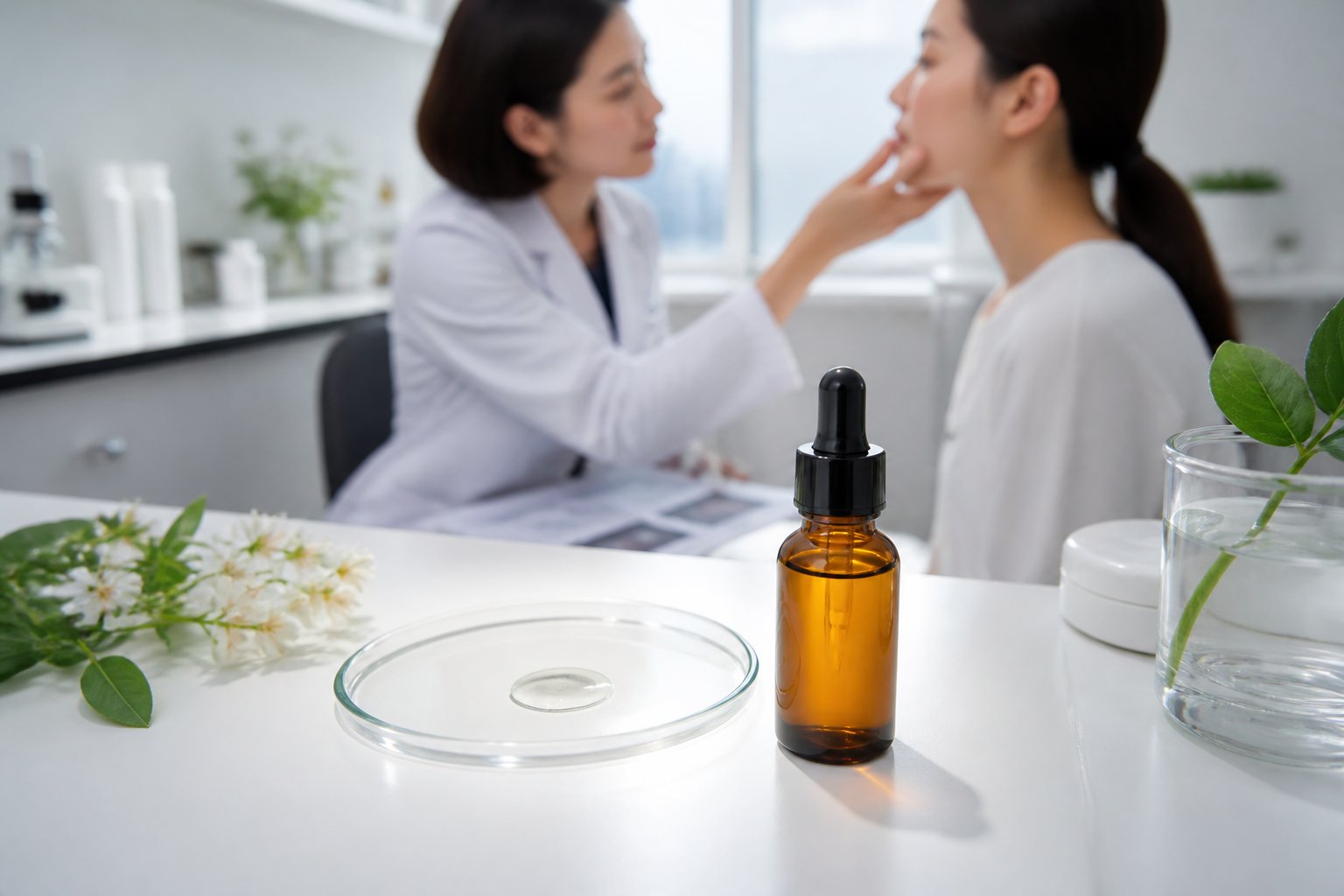 A dermatologist reviews skincare research beside a serum dropper bottle in a bright clinical setting.