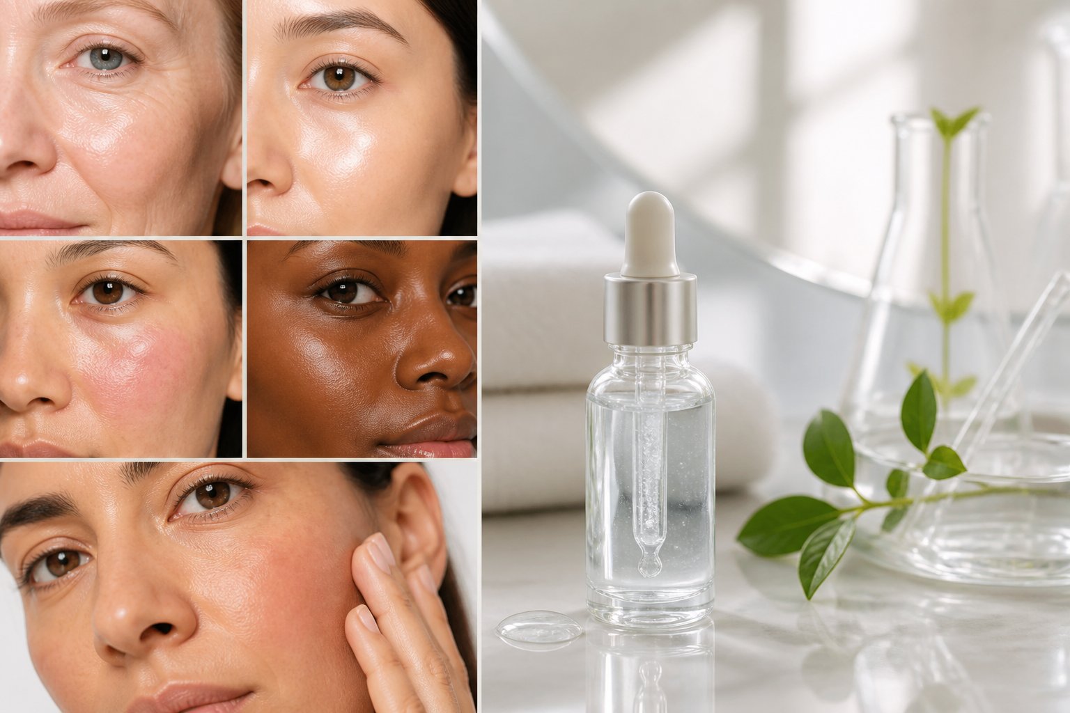 A skincare serum bottle beside diverse facial portraits showing different skin concerns.