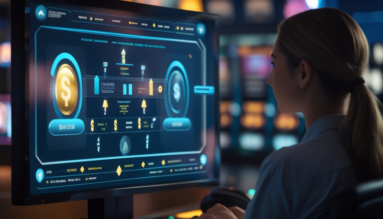 Pemain dewasa menganalisis permainan slot di depan monitor dengan visual saldo dan peluang yang abstrak.