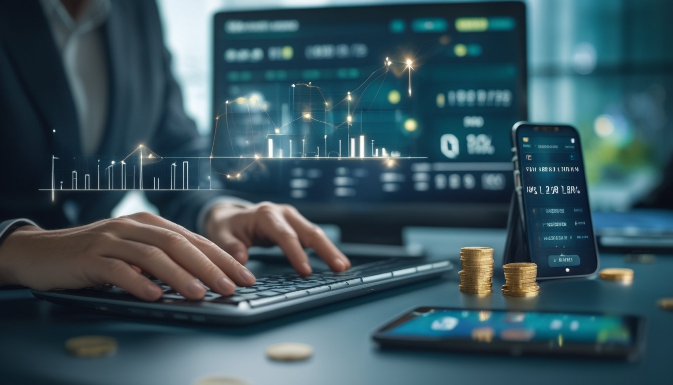 Pemain meninjau analisis saldo dan peluang pada perangkat digital di samping visual grafik dan token.