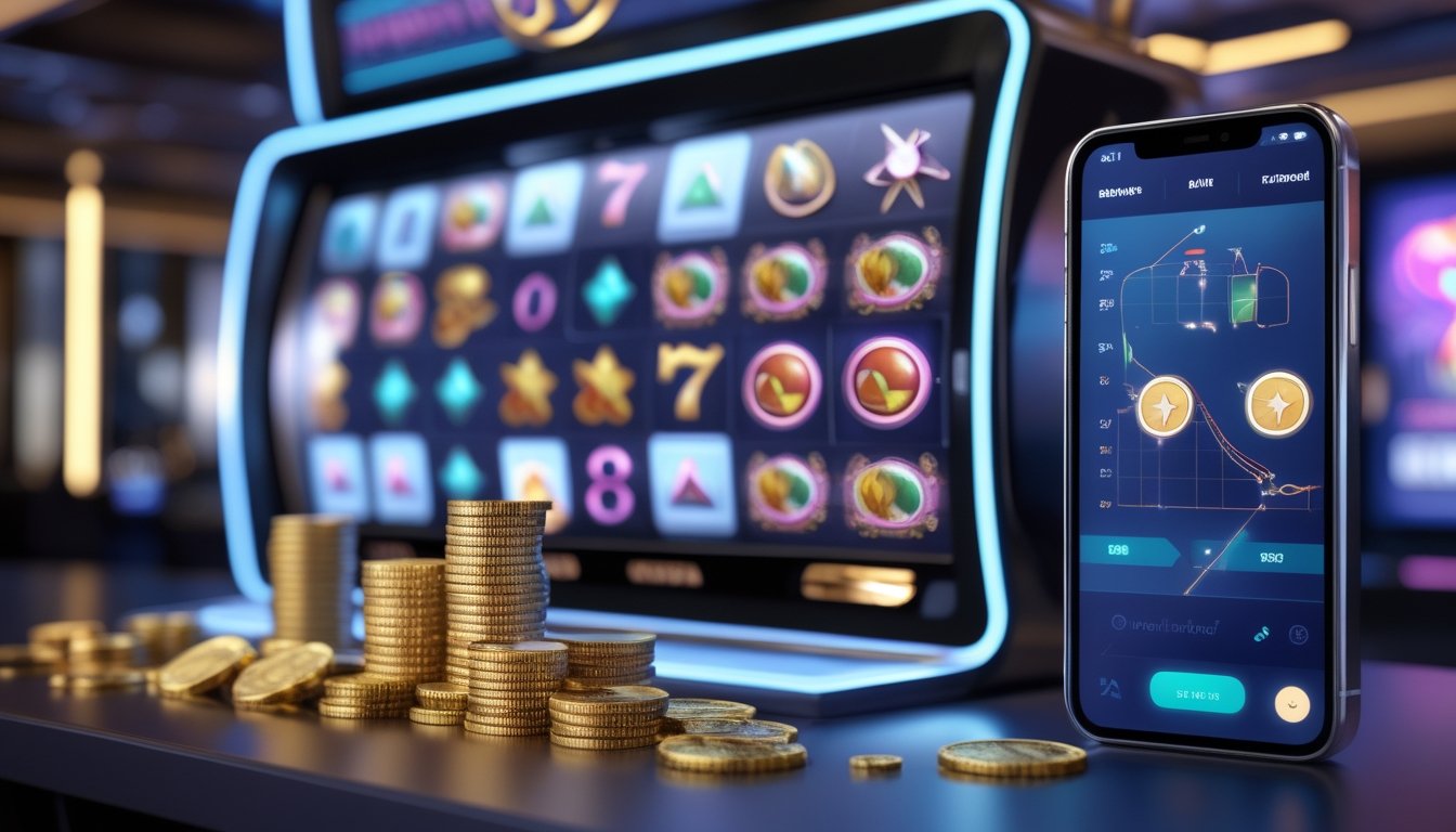 Mesin slot modern dengan koin emas dan tampilan permainan digital di lingkungan kasino yang elegan.